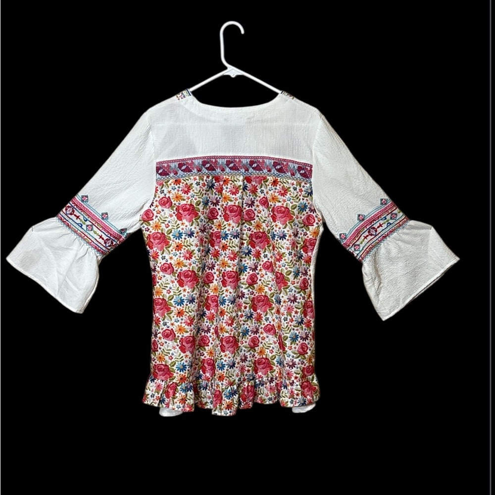 CALESSA Bohemian White Blouse with Colorful Embroidery,Size M - Picture 3 of 13